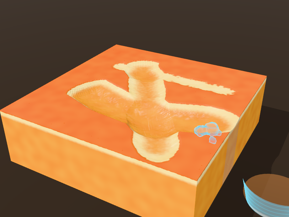 Strokes scrape through orange pumpkin skin into the paler flesh of a test slab.